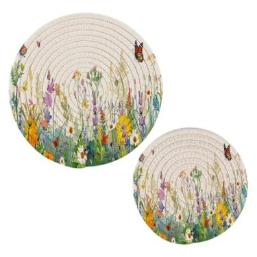 Imagem de Blueangle 2 peças de suporte de panela de flores silvestres em aquarela - conjunto de pegadores de panela de tecido redondo - almofadas quentes trançadas de algodão - porta-copos - tapetes de mesa