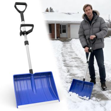 Imagem de Pá de neve para garagem de carro, remoção de neve com alça em D, tira de alumínio, pá de neve ergonômica e resistente para jardim doméstico ao ar livre, azul