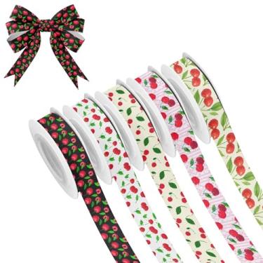 Imagem de SEHANY 5 rolos de fita de Natal 0,59 polegadas 5 jardas fitas de tecido cereja vermelha fitas de cetim festival fitas decorativas de Natal para embrulho de presente faça você mesmo artesanato grinalda