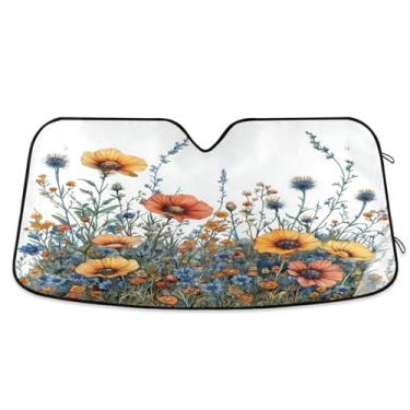 Imagem de ATTX Pára-brisas de carro colorido flores silvestres 134.6 cm x 59.7 cm Protetor solar universal com proteção UV, persiana de janela frontal automática dobrável para caminhões Sedans SUVs #658