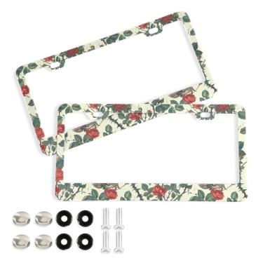 Imagem de SEHANY Molduras de placa de carro vintage rosa crânio, capas de alumínio à prova de ferrugem com furos elípticos e parafusos serve para veículos padrão dos EUA tamanho acessórios de carro para