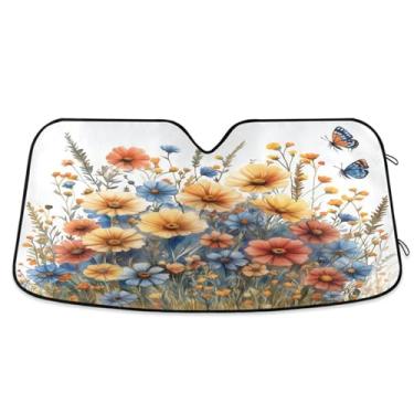 Imagem de ATTX Wildflowers Butterflies Para-brisa Carro Para-brisa 144.8 cm x 80.0 cm Escudo Solar Universal com Proteção UV, Persiana de Janela Frontal Auto Dobrável para Sedans SUVs Caminhões #197