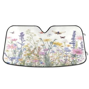 Imagem de ATTX Pára-brisas de carro de ervas e flores coloridas 139.7 cm x 70.1 cm Protetor solar universal com proteção UV, persiana de janela frontal automática dobrável para caminhões Sedans SUVs #71