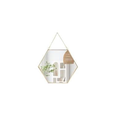 Imagem de Espelho Hexagonal de Parede, Dourado, 27cm x 30cm, Moldura Metálica, Decorativo para Sala, Quarto, Banheiro, com Suporte para Pendurar