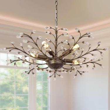 Imagem de Lustre de galhos de cristal estilo vintage, luminária pendente de fazenda, lustre de galhos de árvore com 8 lâmpadas para sala de jantar, sala de estar, ilha de cozinha, quarto, corredor (Es