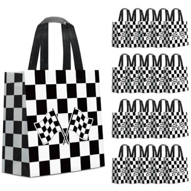 Imagem de KERINGO 24 peças de sacos de presente de corrida quadriculados bolsa de lembrancinhas de festa de carro de corrida preto e branco sacos de doces não tecidos para suprimentos de festa de aniversário