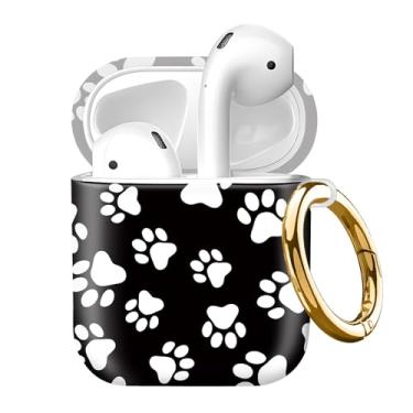 Imagem de Capa compatível com AirPod 2ª/1ª geração com chaveiro dourado, capa protetora completa à prova de choque para fone de ouvido sem fio para Airpod (patas de cachorro pretas e brancas)