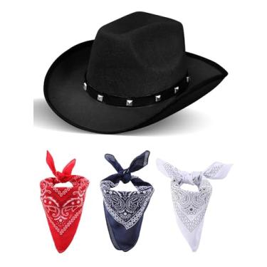 Imagem de ROC PARTY Chapéu de feltro de cowboy e vaqueira ocidental com 3 peças de bandanas - Conjunto de acessórios de fantasia do Velho Oeste para Halloween e fantasia (preto)