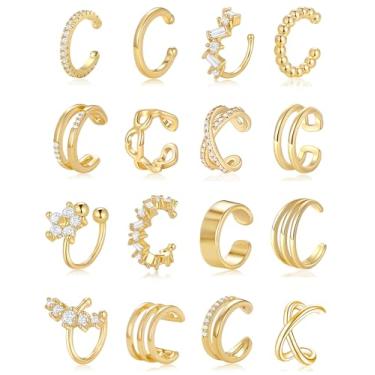 Imagem de Wrlcorly 16 brincos de orelha para mulheres, não perfurados, banhados a ouro, prata, brincos de cartilagem, clipe não perfurado, zircônia cúbica, coração, flor, orelhas, brincos falsos, conjunto de