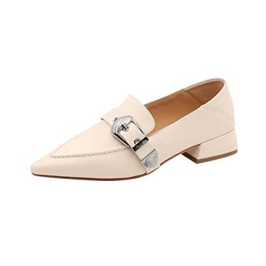 Imagem de TinaCus Mocassins femininos de couro legítimo de bico fino feito à mão com fivela decorada salto baixo grosso para escritório, Bege, 38