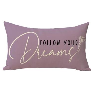 Imagem de Fjfz Follow Your Dream Capa de almofada decorativa lombar 30 x 50, folhas inspiradoras retangulares roxas decoração de casa ao ar livre, capa de almofada motivacional para sofá e sofá, presente de