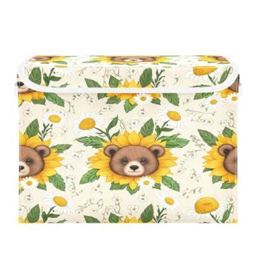 Imagem de Wassud Cestos de armazenamento dobráveis com tampas, ursos e girassóis, cestas organizadoras de tecido dobráveis para armário, casa e decoração sazonal 41,5 x 32,5 x 39,5 cm x 29,5 cm