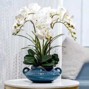 Imagem de LMJYU Orquídeas de seda artificial Phalaenopsis flores artificiais com vaso de cerâmica em vaso falso para mesa de festa flor artificial