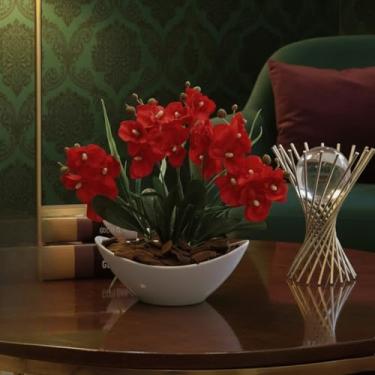 Imagem de Arranjo de Orquídea Artificial com Vaso Branco e Casca Polida Decorativa para Mesa e Escritório(Vermelho)