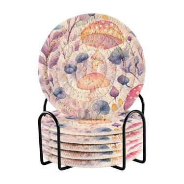 Imagem de SEHANY Conjunto de 6 porta-copos de cogumelos florestais com suporte, porta-copos redondos absorventes de algodão resistente ao calor para mesa de jantar, canecas de café, 10 cm