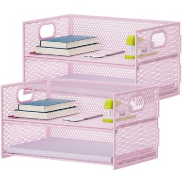 Imagem de Marbrasse Bandeja organizadora de papel de 2 camadas, organizador de arquivos de malha com alça, organizador de mesa para material de escritório doméstico - 2P rosa