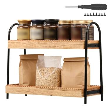 Imagem de HJJWNDDNG Organizador de bancada de banheiro de 2 camadas e armazenamento para perfume cosmético para a pele, prateleira de armazenamento de contas de madeira para banheiro, cozinha, estação de café