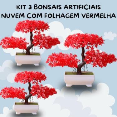 Imagem de Genérico, Kit 3 Plantas Artificial Bonsai Nuvem Folhagem Vermelha Intensa Vaso Branco –Natureza sem Manutenção