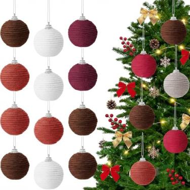 Imagem de Syhood 18 peças de enfeites de bola de Natal de 6 cm, decoração de árvore de Natal, boho, corda de juta rústica, tricotada, de serapilheira neutra para pendurar ornamentos para guirlanda de Natal