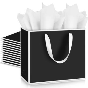 Imagem de ReliThick Pacote com 12 pacotes de 12 sacos metálicos para presente de papel com alças e papel de seda, 29 x 25 x 10 cm, bolsa de agradecimento para Natal, Ação de Graças, casamento, dama de honra