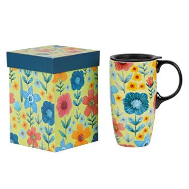 Imagem de Voltogar Caneca de cerâmica 482 g xícara de café de viagem com tampa e alça para homens mulheres trabalho de escritório, 16,5 cm H xícara de chá de porcelana alta com caixa de cor, flor verde