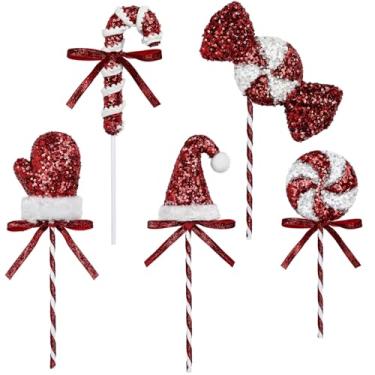 Imagem de Conjunto de 5 peças de enfeites de luvas, chapéu de Papai Noel, pirulito de lantejoulas, doces de Natal vermelhos e brancos, decorações para árvore de Natal, faça você mesmo, decoração de festa em