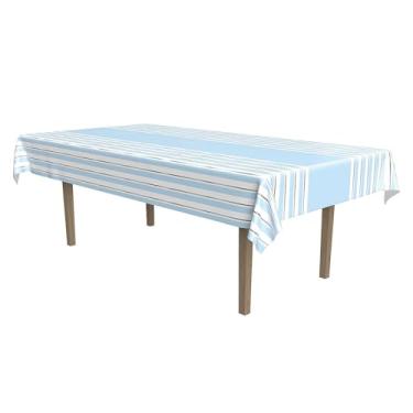 Imagem de Toalha de mesa de plástico descartável retangular prata metálica e azul listrada 137.2 cm x 274.3 cm