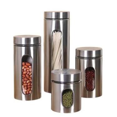 Imagem de Jogo De 4 Potes Hermético Mantimentos Com Visor Em Aço Inox Shark Blue – Porta Mantimentos Vidro Inox Kit 4 Peças