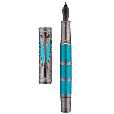 Imagem de Hongdian D5X Caneta-tinteiro turquesa ponta extrafina, totem chinês retrô da Dinastia Qin com gravação suave com conversor e conjunto de caixa de caneta