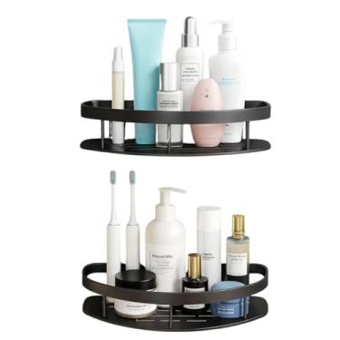 Imagem de Prateleira de Canto em L, Kit com 2 Peças, Alumínio, Preta, 21x28x5 cm, Montagem na Parede, Multiuso para Banheiro, Cozinha, Quarto