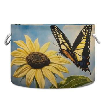 Imagem de JUZIHAI Cesta de armazenamento dobrável com borboleta de girassol, cesto de roupa suja para bebê, cobertor com alças de corda de algodão, caixa organizadora de armário dobrável para quarto, berçário