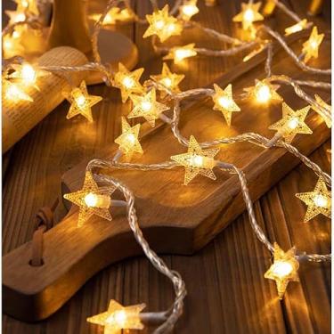 Imagem de Luzes de fadas estrelas, cordão de luzes de 6 m com 40 LED, luzes cintilantes para quarto, dormitório, barraca, festa de casamento, decorações de Natal, operadas por bateria (branco quente)
