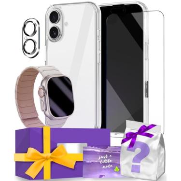 Imagem de AOKOOR Capa para iPhone 17 e pulseira de relógio Apple, caixa de presente para mulheres e homens, com protetor de tela de vidro temperado e protetores de câmera, presente de aniversário para mulheres