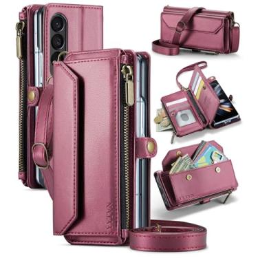 Imagem de YYTVN Capa carteira para Samsung Galaxy Z Fold 7 com zíper e alça de cordão transversal e alça de pulso, capa flip magnética de couro PU com bloqueio de RFID para Galaxy Z Fold 7 - vermelha