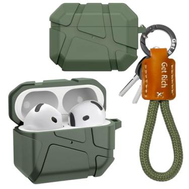 Imagem de Ephoou Capa para AirPods 4 com cordão de chaveiro, TPU resistente, simples, personalizada, textura de meteorito, capa à prova de choque para AirPods 4 YS-verde