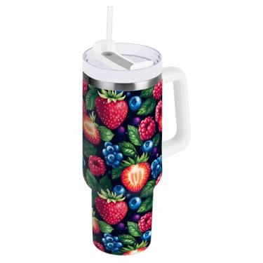 Imagem de ODAWA Copos isolados de aço inoxidável morangos mirtilos com alça e tampa de palha, copo de água isolado 1,134 g