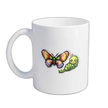 Imagem de Caneca Xícara de Café Porcelana 300ml Com Desenho Adesivos Pixelados Borboleta E Lagarta