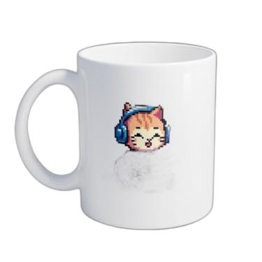 Imagem de Caneca Xícara de Café Porcelana 300ml Gato Tocando Guitarra Pixel Art