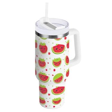 Imagem de Copo isolado a vácuo grande com tampa e canudo, melancias, morangos, copo de viagem isolado