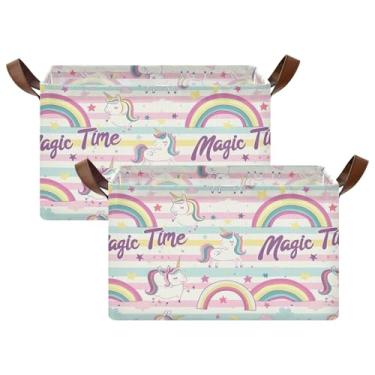 Imagem de Organizador de suéter grande com estrelas arco-íris de unicórnio para armário com alças, caixas para organização de armário 42 x 29 x 25 cm, pacote com 2