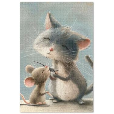 Imagem de Aquarela Gato Mouse Pintura Quebra-cabeças Engraçados 500 Peças para Adultos Arte Brinquedo Pintura Exclusivo Quebra-Cabeça Presentes Elefante Branco