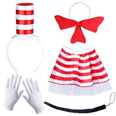 Imagem de Keymall Acessórios de 5 peças para crianças, conjunto de fantasia de gato, incluindo faixa de cabeça, luvas, gravata borboleta, saia, cauda para dia das bruxas, dia escolar