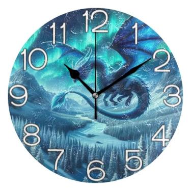 Imagem de GAIGEO Relógio de parede analógico decorativo redondo sem tique-taque silencioso quarto relógio de cozinha, retro moderno art déco decoração de parede floresta dragão branco inverno, 25 cm, ponteiros