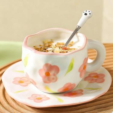 Imagem de Disoza Conjunto De Canecas Café Com Pires Fofo Flores Chávena Presentes Para Mulheres Aniversário Chá Caneca Café Base 250 Ml Cerâmica Presente Meninas Mãe Amiga e Pires