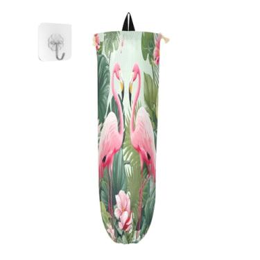 Imagem de Flamingos em um tropical com cactos e folhas, pacote com 2 porta-sacolas de compras, armazenamento de saco plástico de parede, organizador de armazenamento de plástico de cozinha