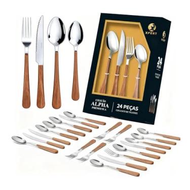 Imagem de XPERT- Faqueiro de Aço Inox com Cabo em Medio Estampa de Madeira Organic 24 Peças - 6 Facas, 6 Garfos, 6 Colheres, 6 Sobremesa - Presente Elegante para Casa/Restaurante