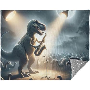 Imagem de Cobertor de sofá xadrez personalizado músico de dinossauro engraçado para sofás 177,8 cm x 139,7 cm cobertores macios impressos