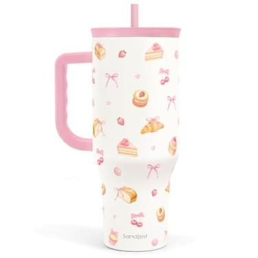 Imagem de SANDJEST Copo de sobremesa de 1,134 g com alça e canudo, caneca de café de viagem de aço inoxidável isolado para mulheres e meninas, ideia de presente para aniversário, Natal, Dia das Mães