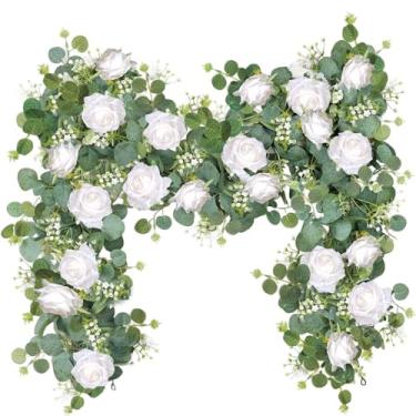 Imagem de QuarenDen Guirlanda artificial de eucalipto de 1,8 m com flores, videira de rosa falsa, guirlanda de vegetação floral sintética para mesa de centro de mesa, festa de casamento, decoração de arco de