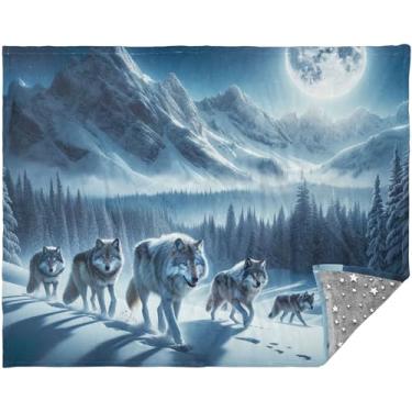 Imagem de TSENQUE Manta personalizada de lobos e montanhas da lua, cobertor de sofá de pelúcia para mulheres e homens, cobertor de sherpa cinza 177,8 cm x 139,7 cm